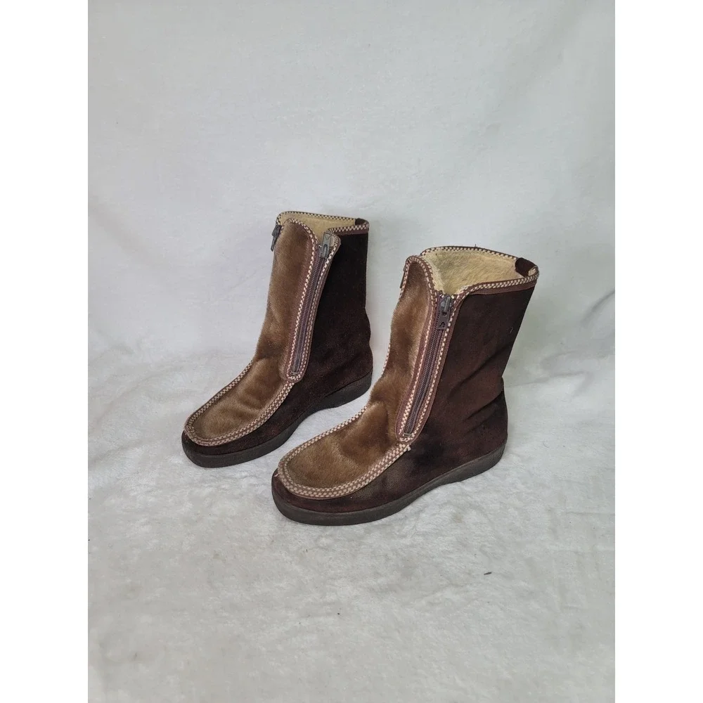 Vtg 70s Ski-Lounger Brown Suede Faux Fur Apres Ski Boots Italian Size 8 Cabin